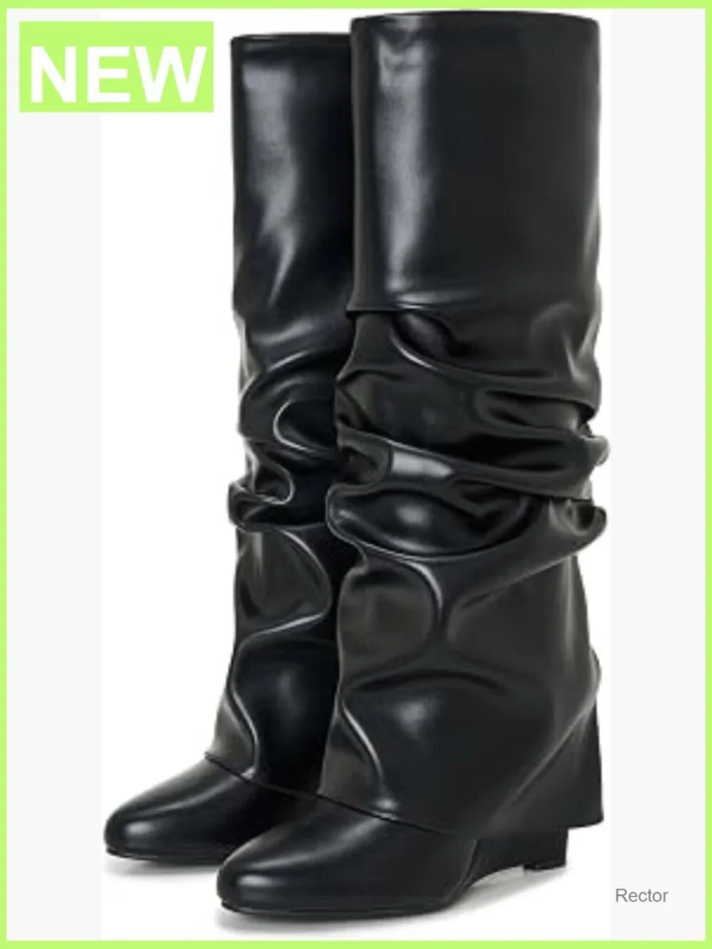 Ruched Knee High Boots Fold Over Toe Wedge Heel Pointed Wide Calf Pull-on Boots